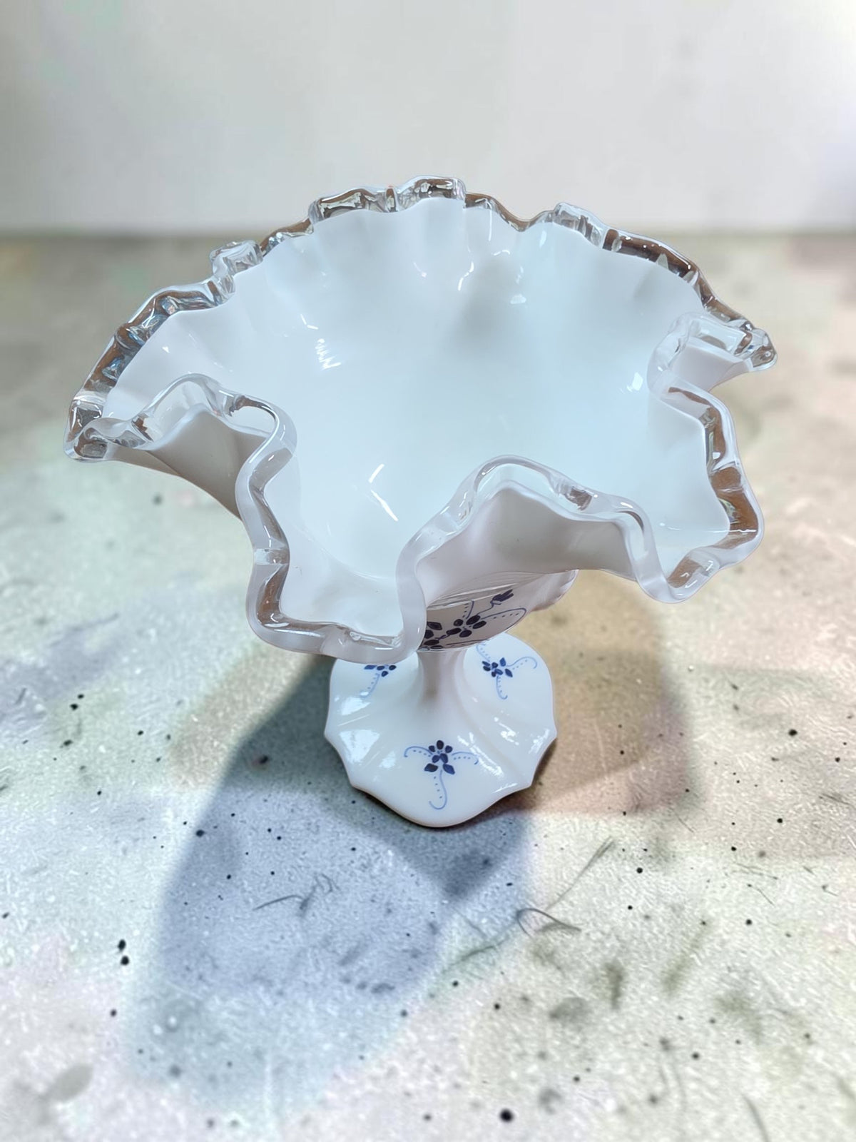 Vintage Fenton Silver Crest Milk Glass Compote Pedestal Bowl with Blue Floral Design