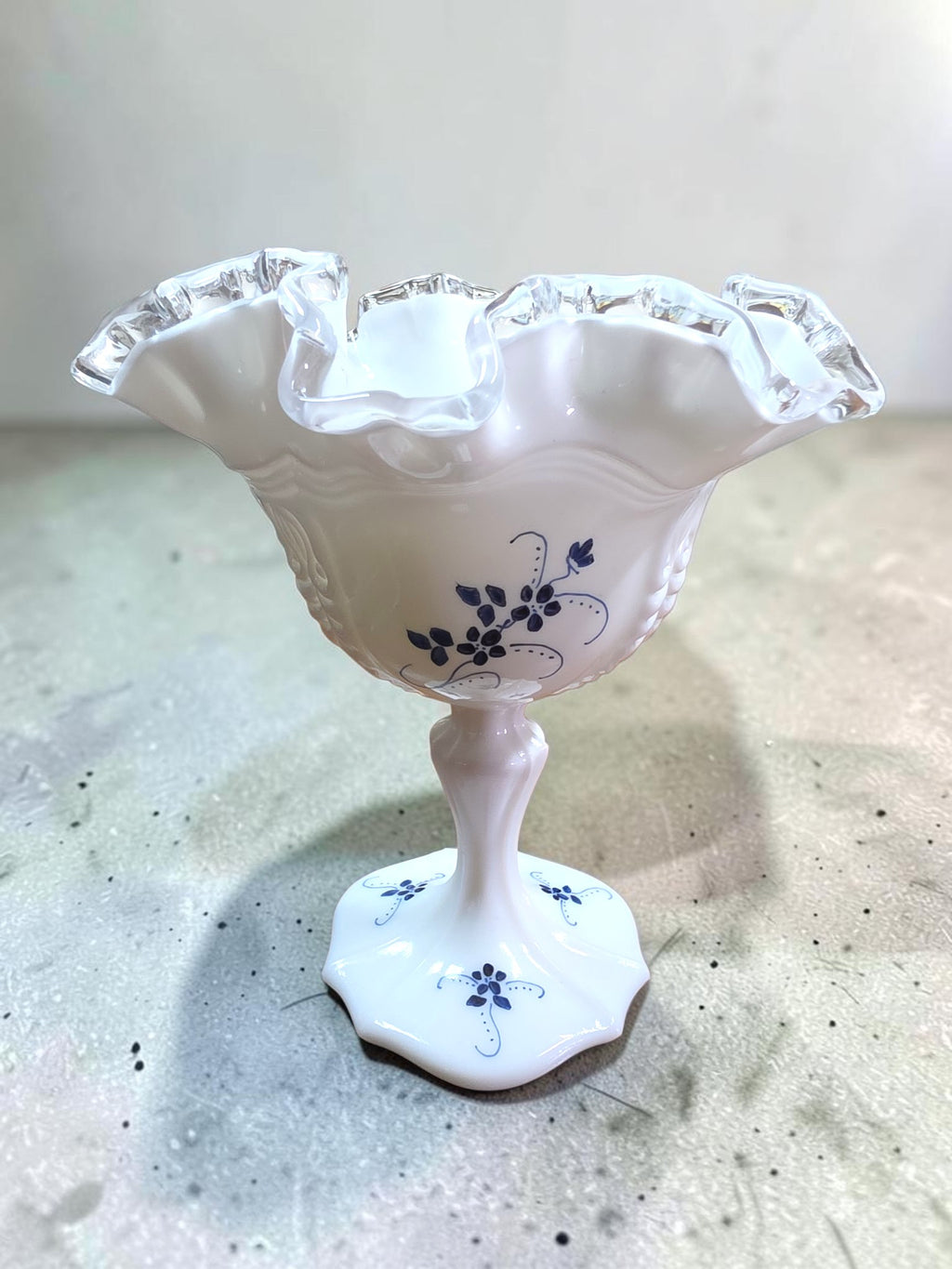 Vintage Fenton Silver Crest Milk Glass Compote Pedestal Bowl with Blue Floral Design