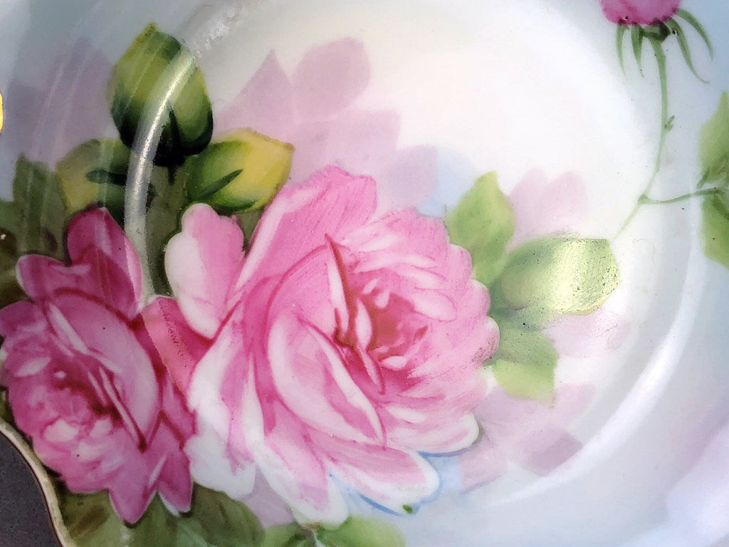 Antique Porcelain Berry Bowls in Blueberry Motif. Set of Two Small Serving Plates by Embassy Ware, Fondeville, England. Scalloped Rim.