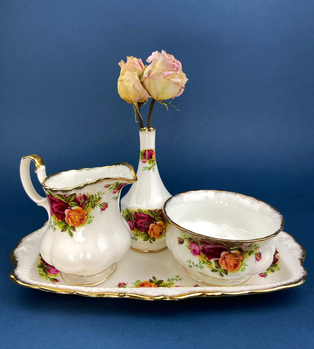 Royal Albert Old Country Roses Breakfast Set, Creamer, Sugar Bowl, Vase, Made in England