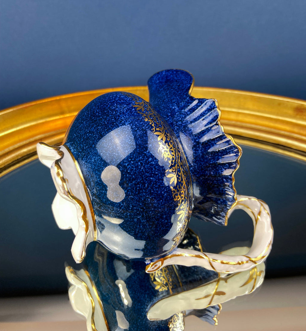 Vintage Aynsley Creamer and Sugar Bowl.  Blue and Gold, with Hand Painted Bouquet of Flowers. Fine Bone China.
