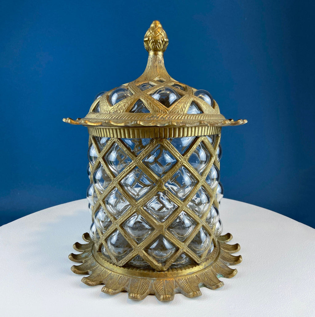 Vintage Hand Blown Bubble Glass Brass Urn Jar, Pineapple Design
