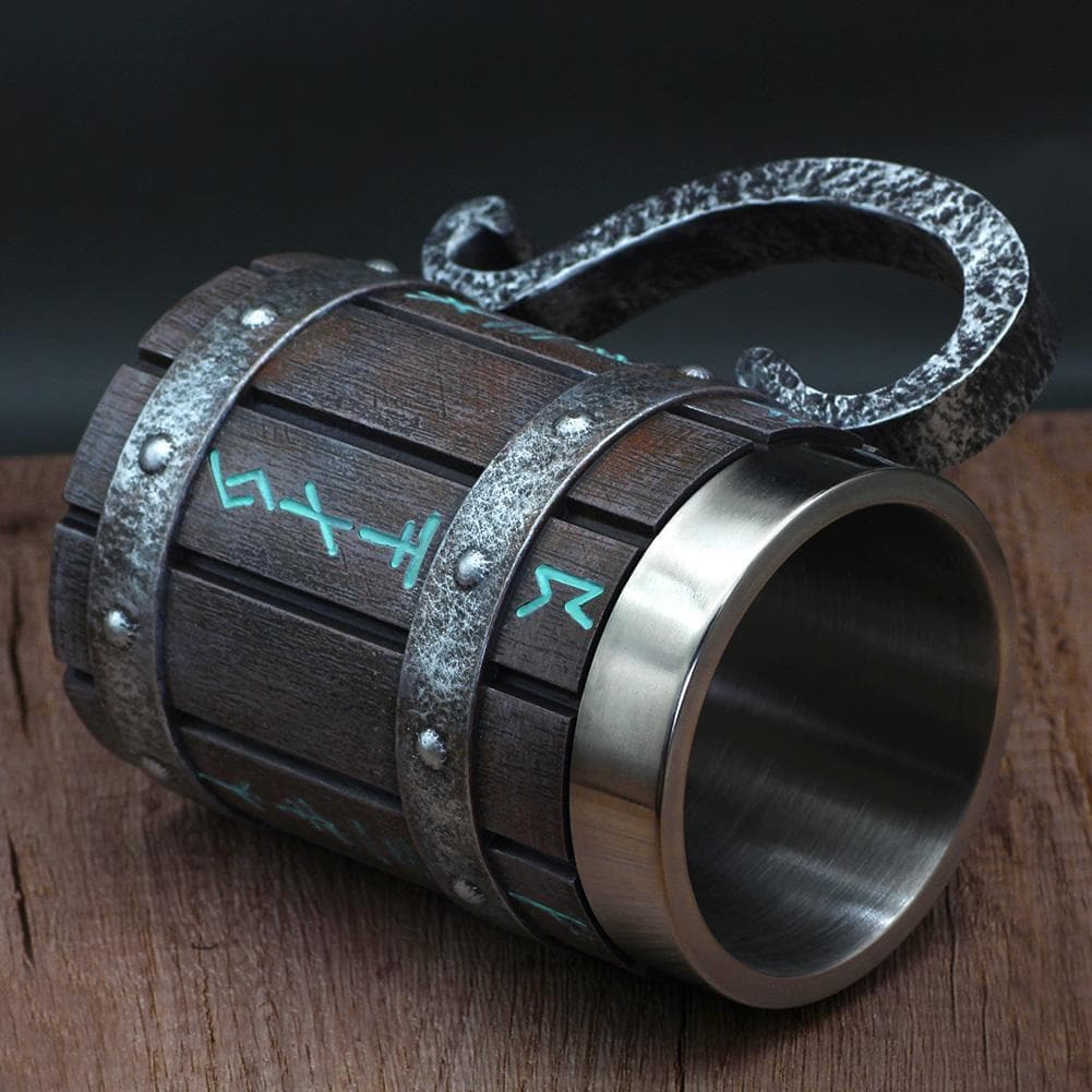 Viking Runes 'Wooden' 20 ounce Stainless Steel Tankard Mug