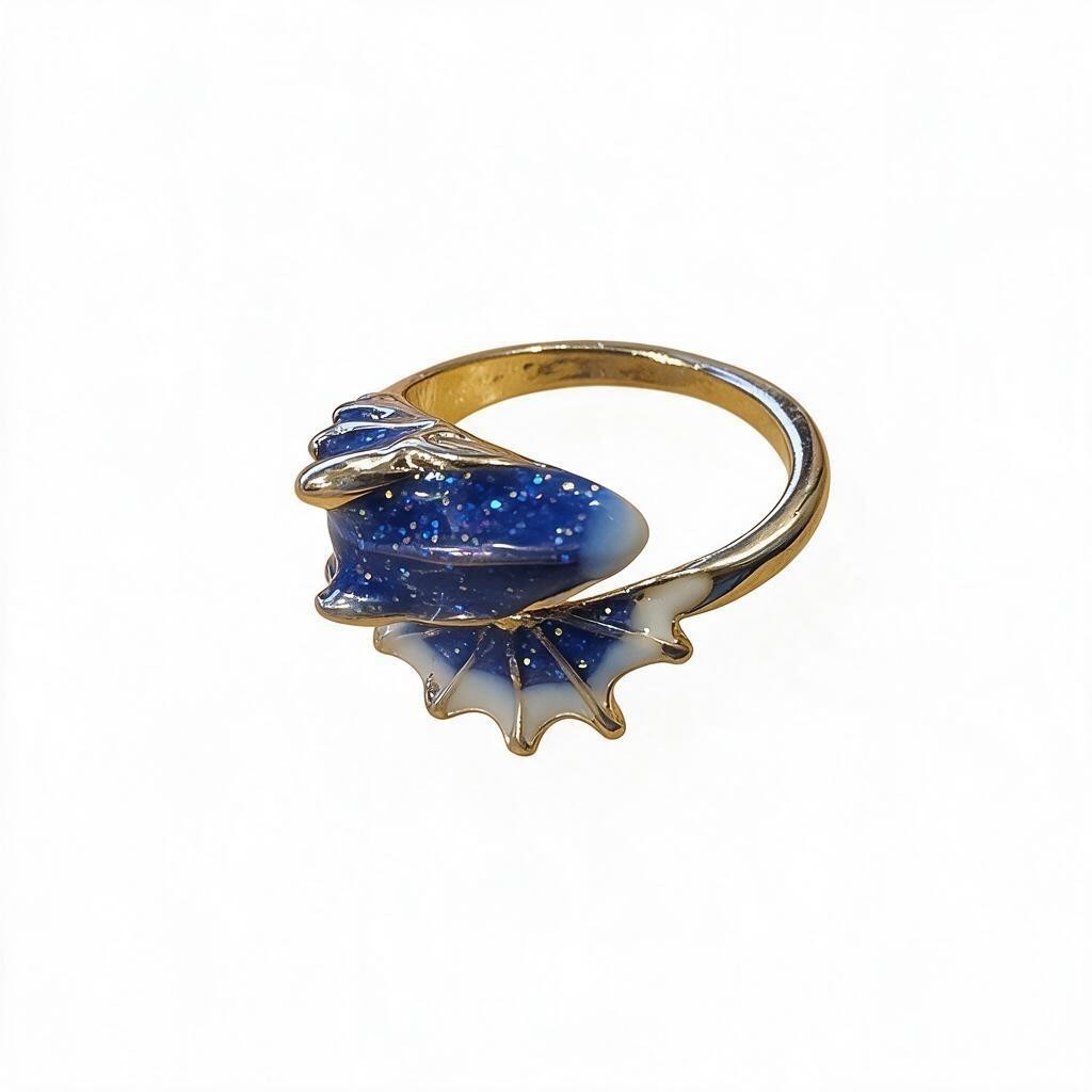 Blue Enamel Dragon Ring Gold Tone Fantasy Statement Ring Mythical Jewelry