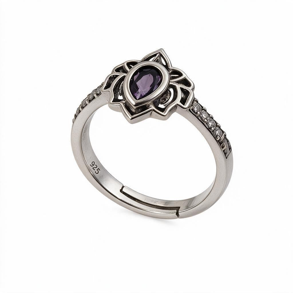 Sterling Silver Lotus Flower Ring with Teardrop Crystal | Adjustable Statement Ring