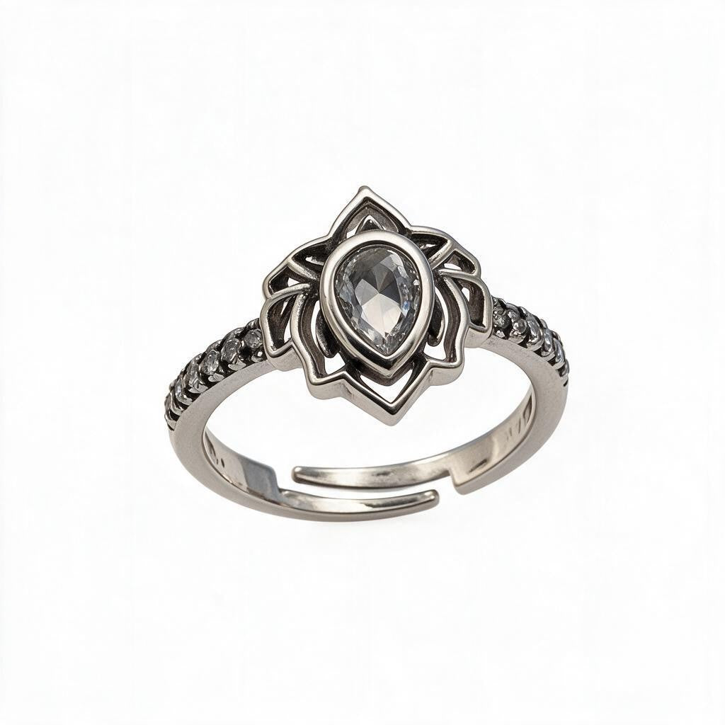 Sterling Silver Lotus Flower Ring with Teardrop Crystal | Adjustable Statement Ring