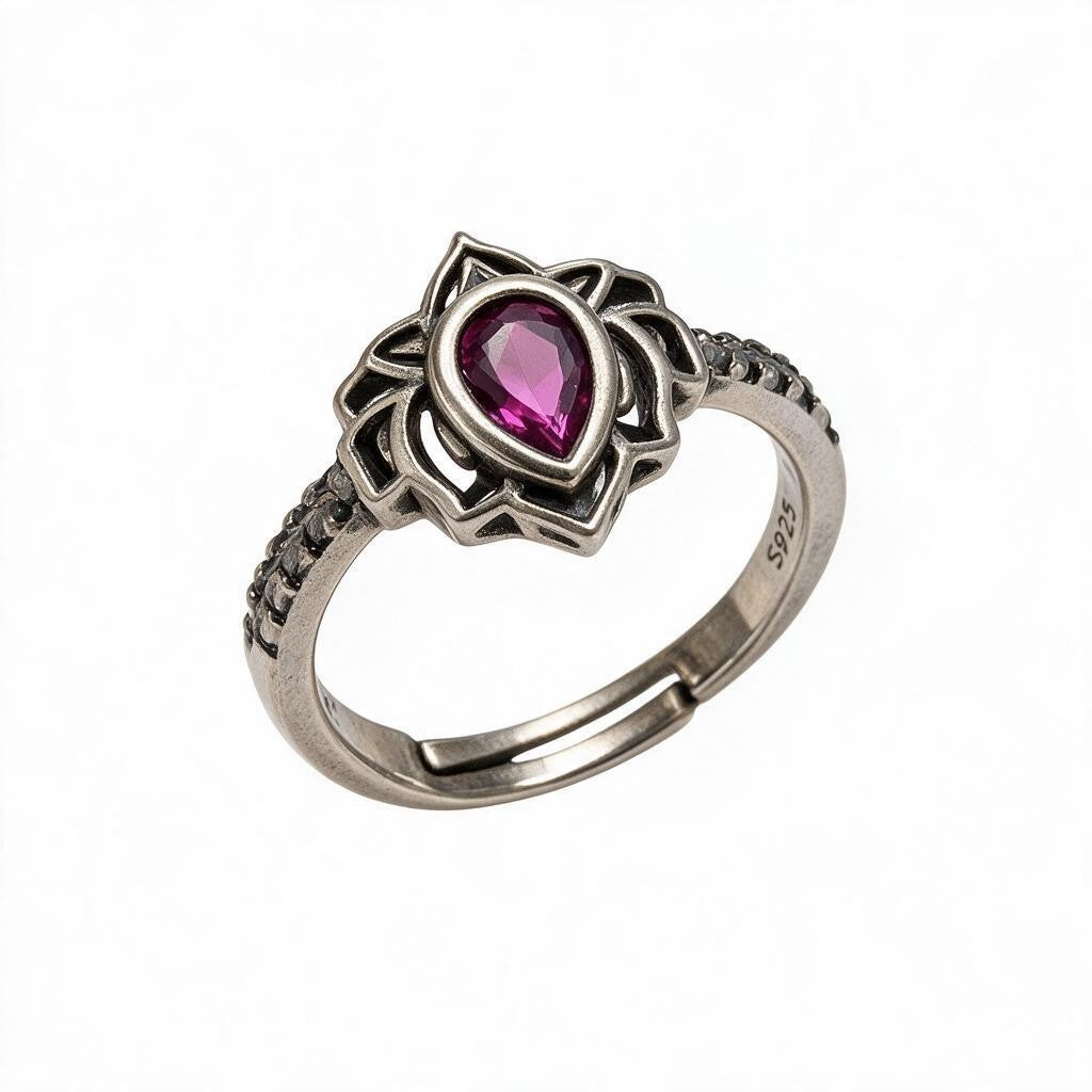 Sterling Silver Lotus Flower Ring with Teardrop Crystal | Adjustable Statement Ring