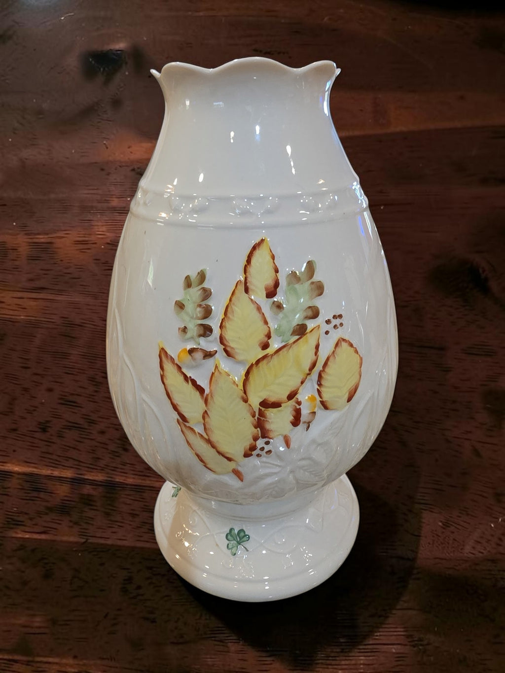 Belleek Ireland Autumn Leaves Shamrock Candle Holder Two Piece