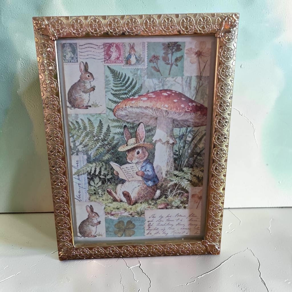 5x7 Vintage Woodland Bunny Framed Art Print | Rabbit & Mushroom Cottagecore Decor