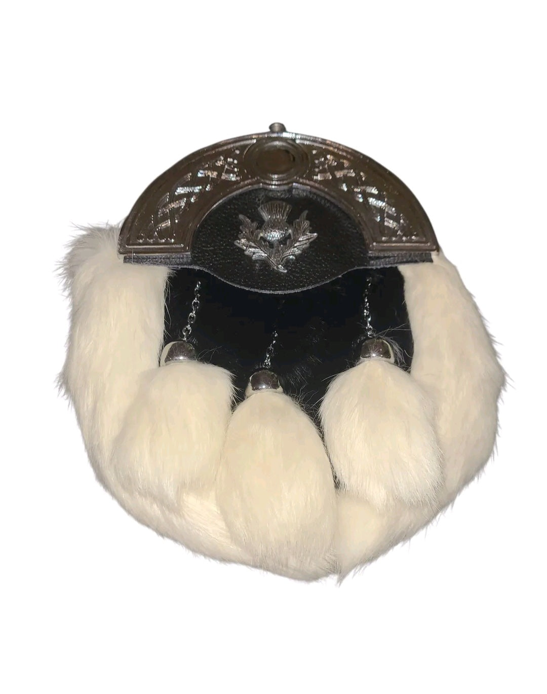 Scottish Dress Sporran with White Faux Fur & Thistle Cantle | Traditional Kilt Accessory