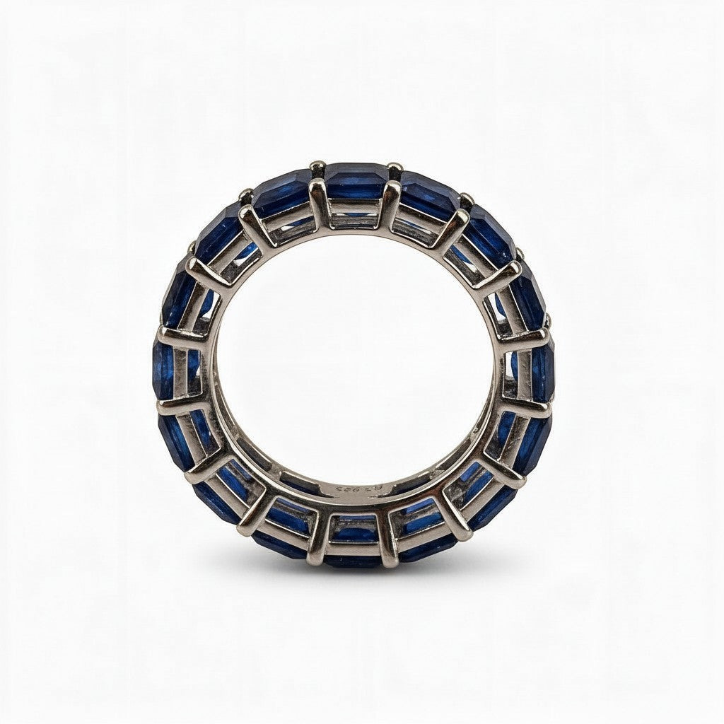 925 Sterling Silver Blue Sapphire Eternity Band Ring | Emerald Cut Gemstone Stack Ring