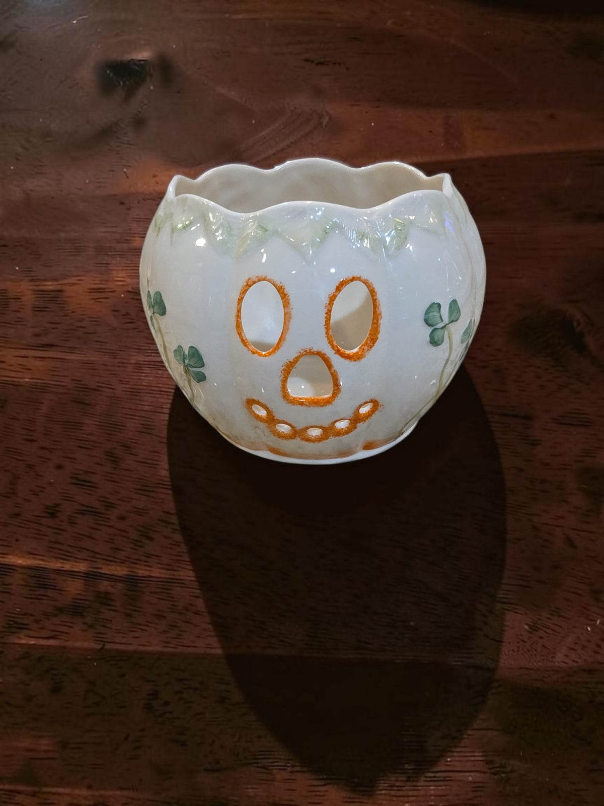 Belleek Ireland Pumpkin Jack-O'-Lantern Votive / Tea Light Holder