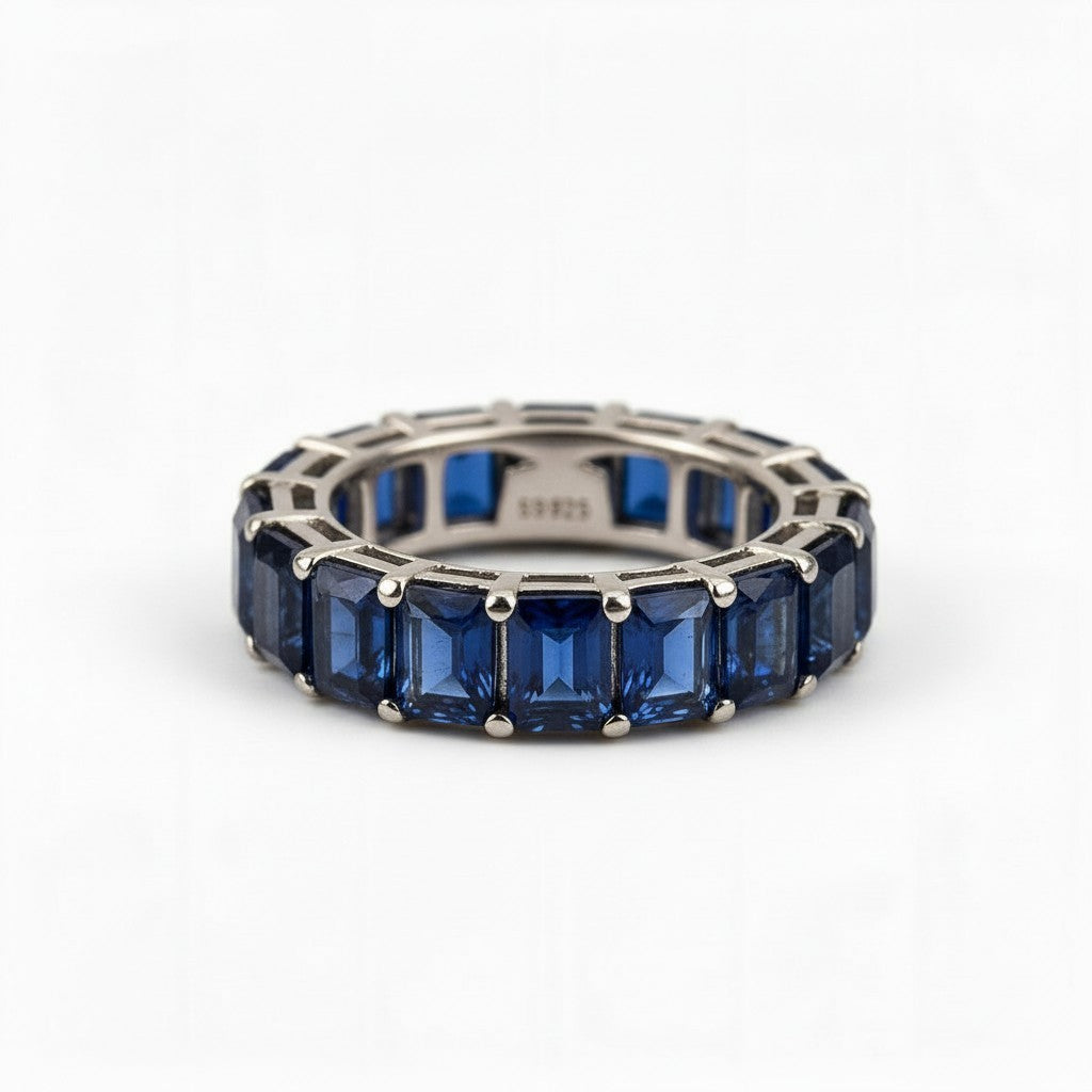 925 Sterling Silver Blue Sapphire Eternity Band Ring | Emerald Cut Gemstone Stack Ring