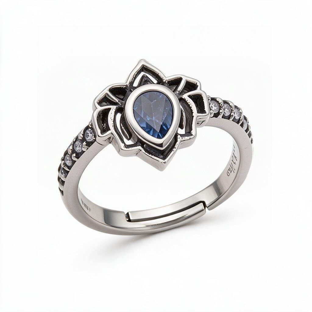 Sterling Silver Lotus Flower Ring with Teardrop Crystal | Adjustable Statement Ring