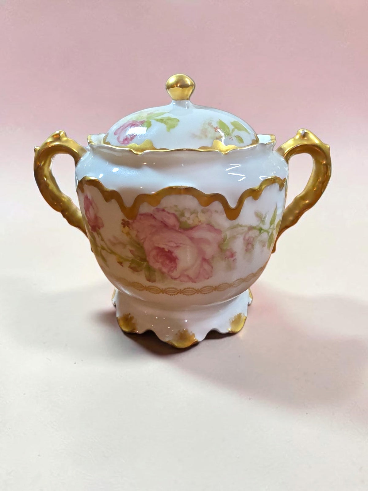 Vintage Haviland Limoges Floral Sugar Bowl with Lid Gold Gilt France Porcelain