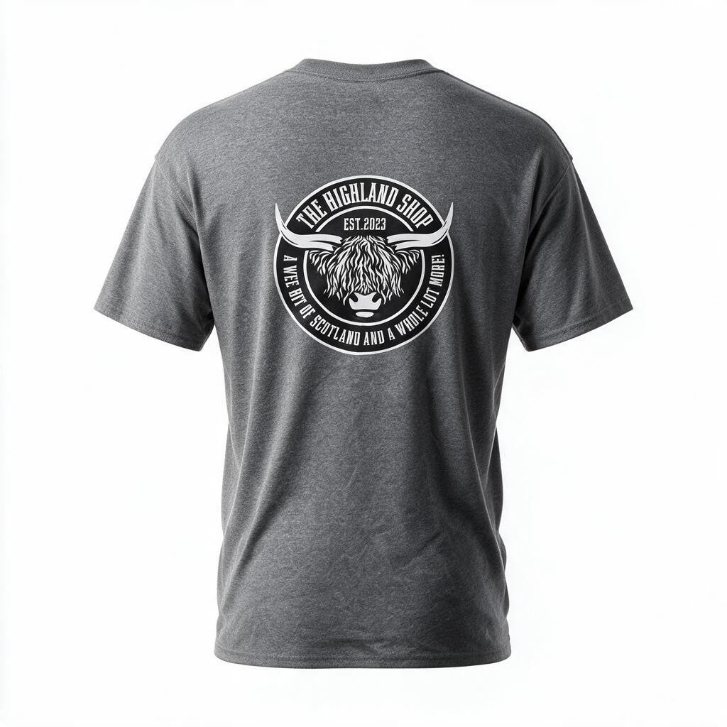 The Highland Shop Exclusive Highland Cow Logo T-Shirt | Scottish Graphic Tee Heather Gray