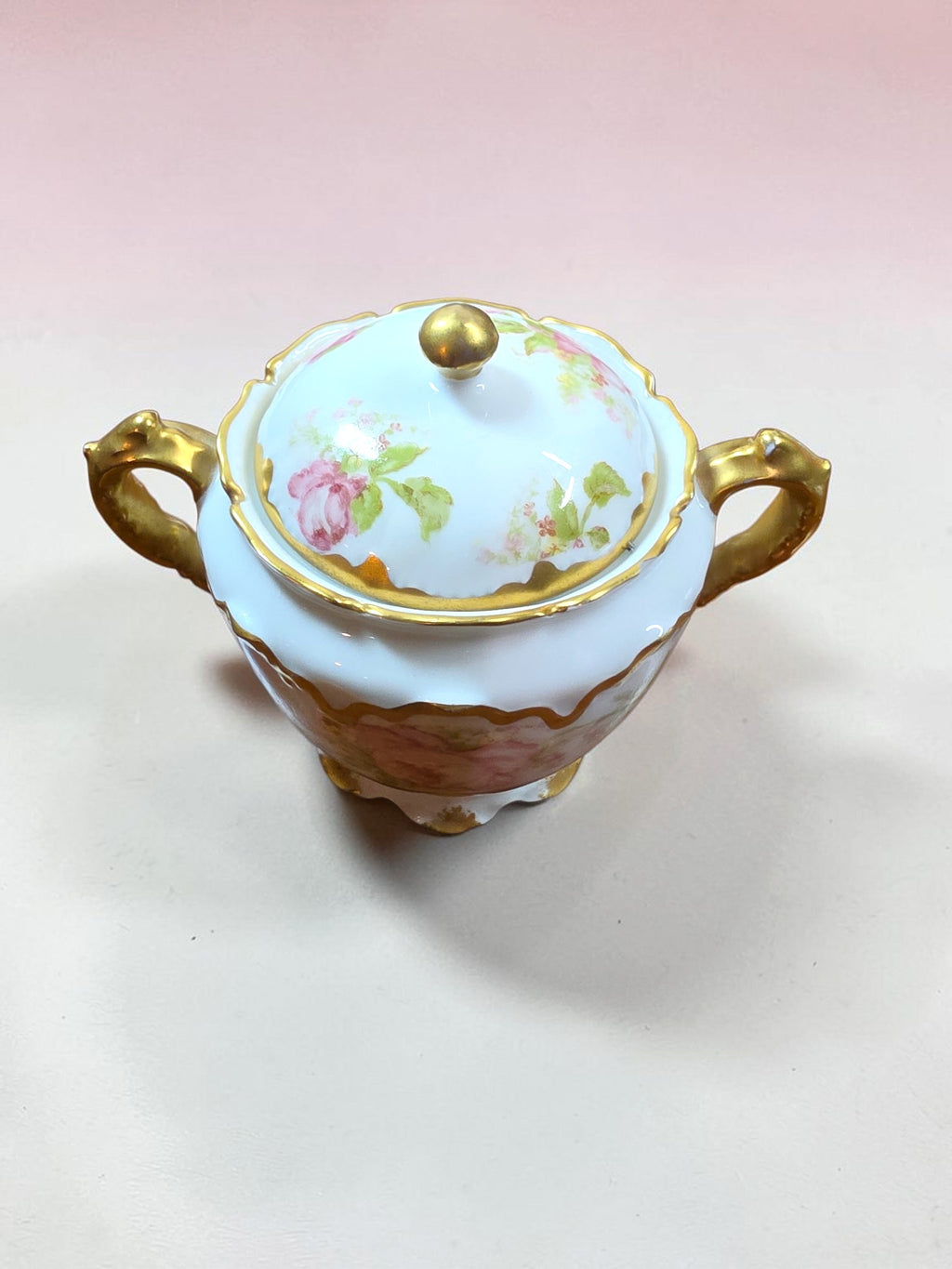 Vintage Haviland Limoges Floral Sugar Bowl with Lid Gold Gilt France Porcelain