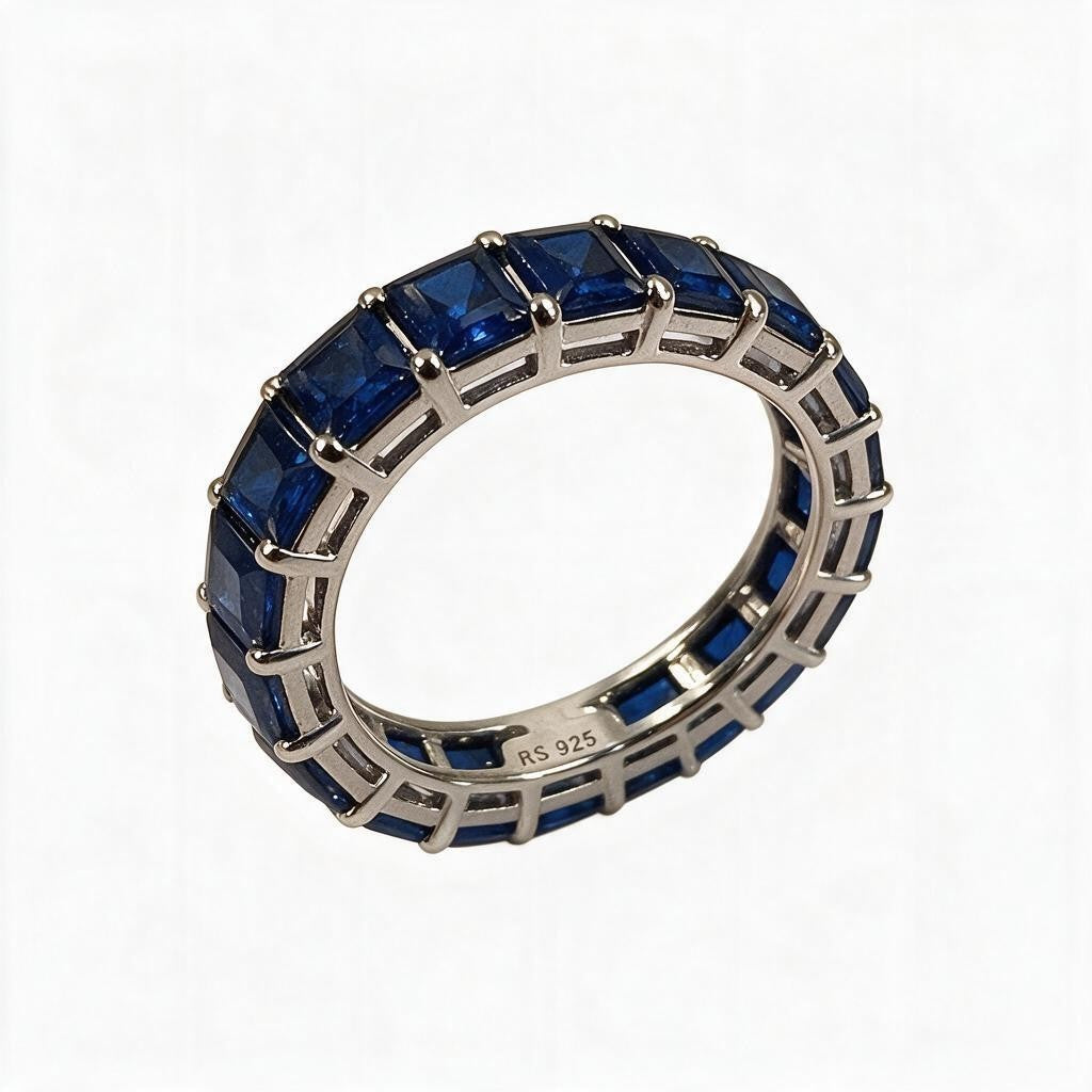 925 Sterling Silver Blue Sapphire Eternity Band Ring | Emerald Cut Gemstone Stack Ring